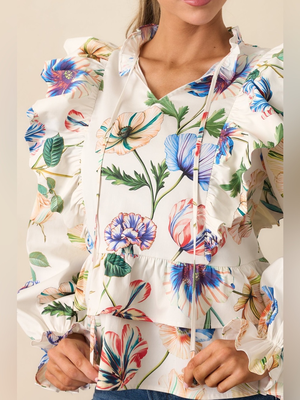 PROSPERINA FAYE IVORY MULTI FLORAL PRINT COTTON RUFFLE TOP NEW - Picture 3 of 7